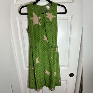 Anthropologie Silk Green Polka Dot Dress with Star Pattern